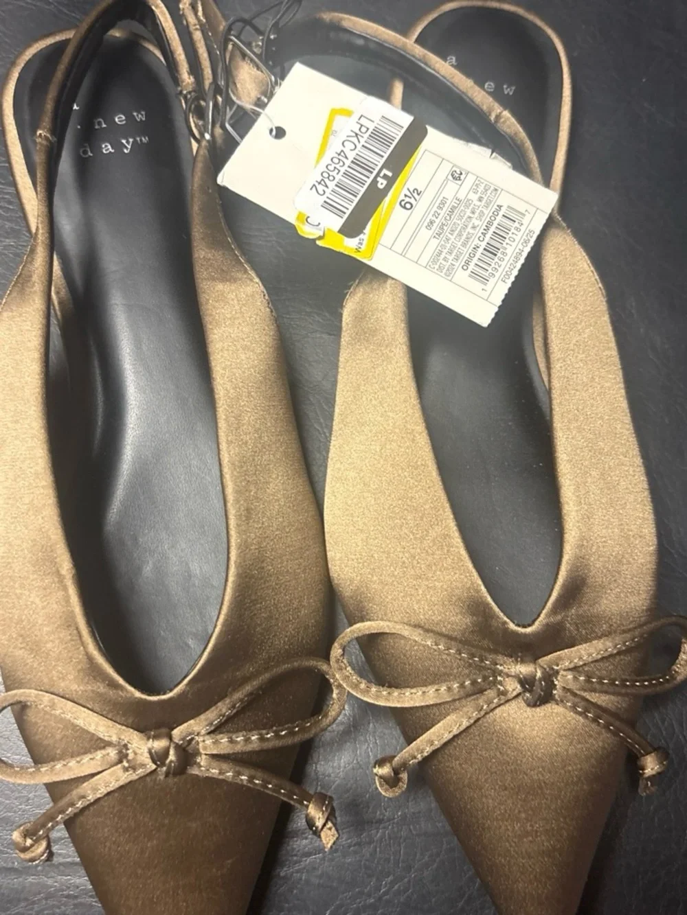 a new day Bronze Satin Pointed-Toe Slingback Flats with Bow